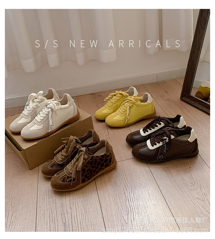 Cowhide lace-up color-blocking round toe versatile casual sneakers women's leather board shoes to increase height training shoes2025