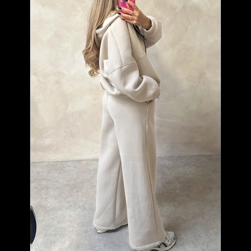 Womens Zipper Pocket Cardigan Sporty Style Long Sleeve Jacket Solid Color Long Trousers Set 251029