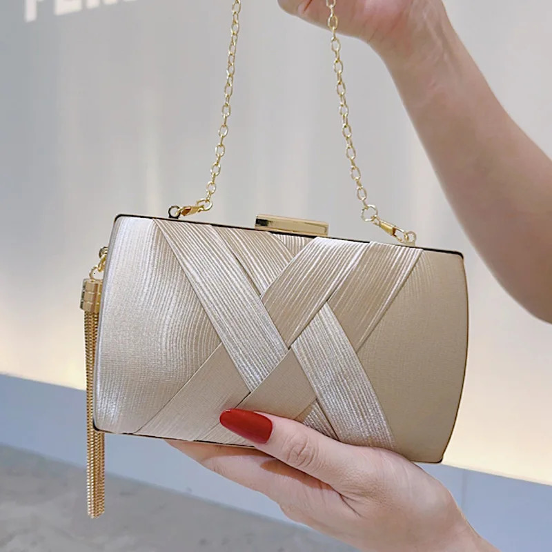 Chain Shoulder Mixed Fashion Party Wedding Handbags Purse Metal Tassel Women Evening Bags CrissCross Satin Clutches 251023