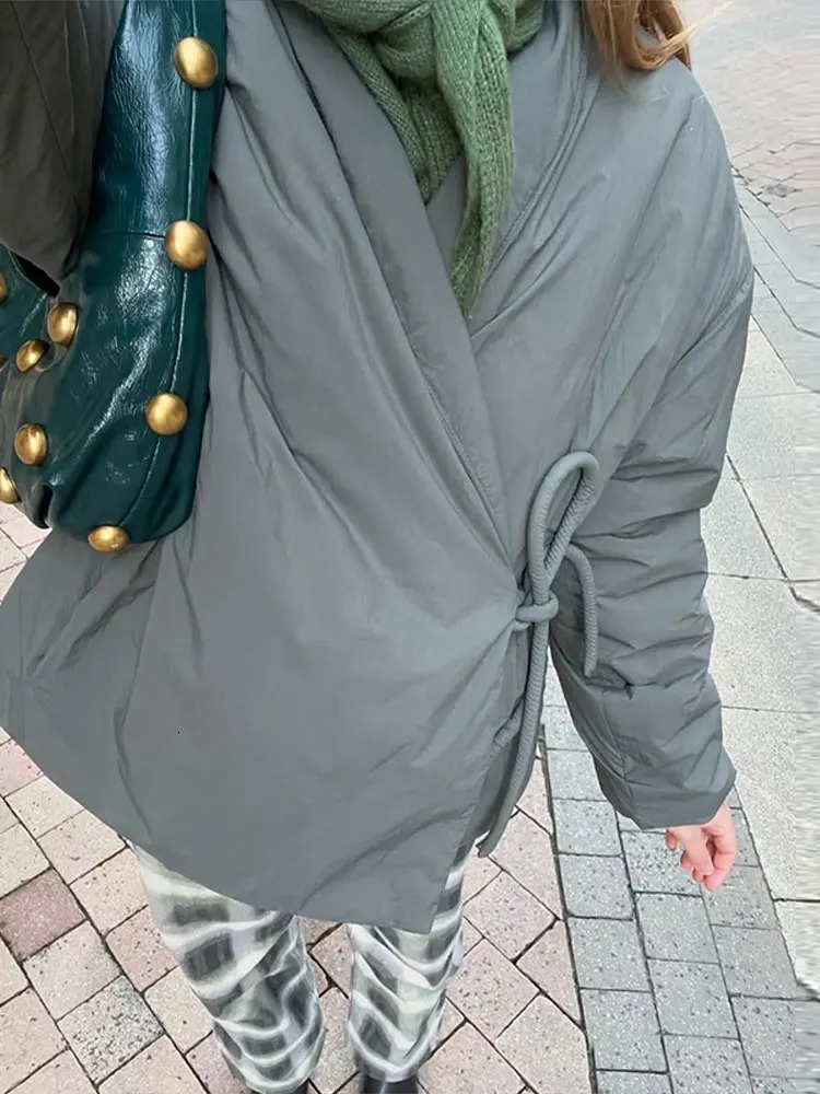 Casual Gray Lace Up Coat Women Cotton Vneck Pocket 2025 Autumn Thick Jackets Female Chic Street Allmatch Outwear Tops 251030