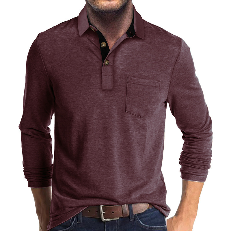 Slim Fit Long Sleeve Turn-Down Collar Color Cotton Stretch Polo Shirt Breathable, Wear-Resistant, High Elasticity Polo