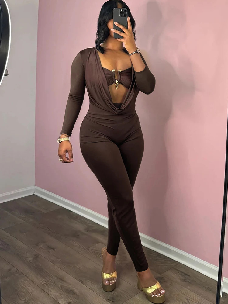 Weird Puss Swing Collar Jumpsuits Women Fashion Metal Decoration Full Sleeve Sexy Hollow Slim Peach Hip Street Midnight Clubwear 251028