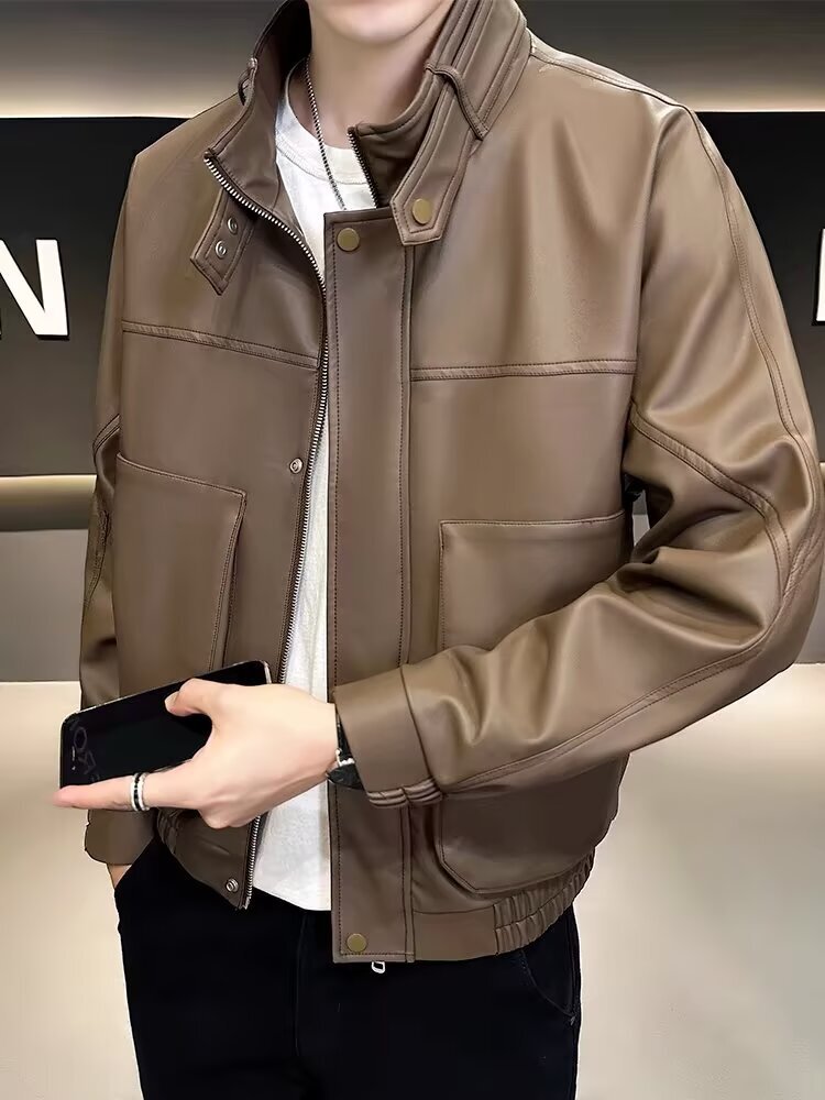 Men's Leather Jacket Trendy Spring Autumn New Style Handsome Brown Designer Jacket Casual Motorcycle High-end Leather Coat Men 2025 New Model