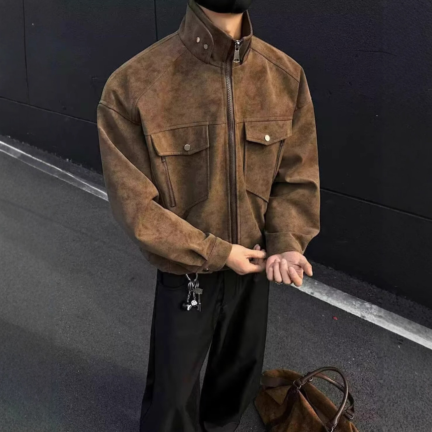 Pishi Designer Jacket American Style PU Leather Jacket For Men Trendy Brand Stand Collar Jacket Loose Fit Zipper Coat For Autumn High-end Feel Top