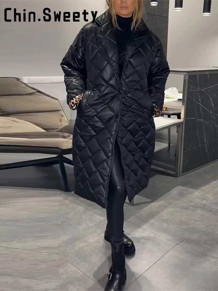 Fashion Leopard Split Long Quilted Jacket Women Loose Lapel Single Breast Street Warm Coat 2025 Autumn Winter Lady Outwear 251030