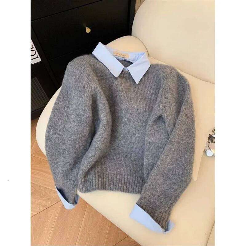 Fake Two Shirts Women's Autumn Outfit New Lazy Linterior Contrasting Color Gray Knit Sweater Top With Flip Collar Designer Sweater Women Bear Swe
