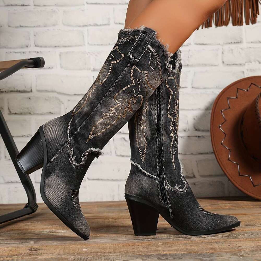 Women's -Like Blue/Black/ Golden-Tone Pointed Toe Chunky High Vintage Faux Cover-Like Texture Rubber Sole All-Season Knee-High For Country Wester