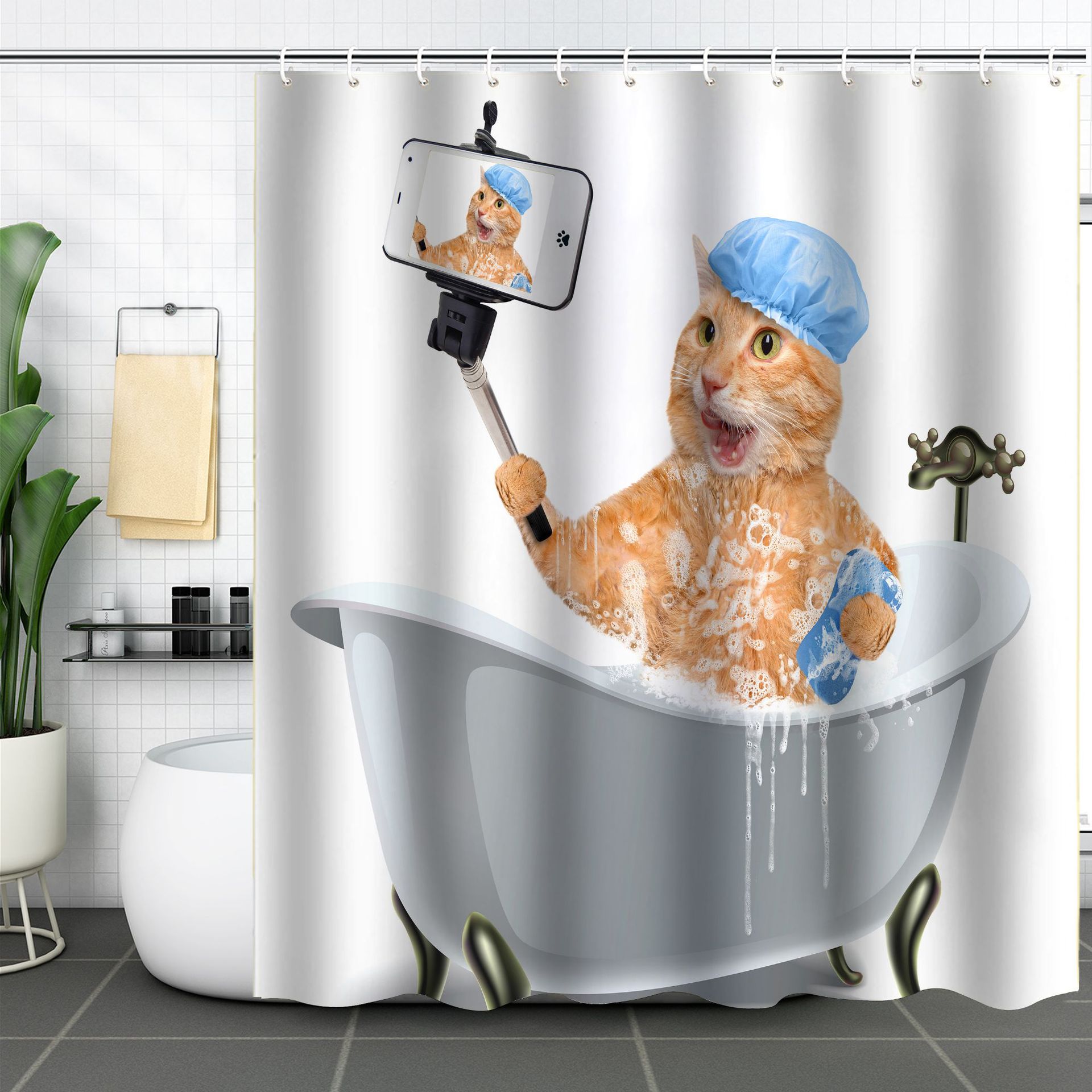 YL-37591 3D Digital Shower Curtain for Kitty Bathing, Bathroom Dry and Wet Separation, Polyester with Hooks, Isolation Curtain
