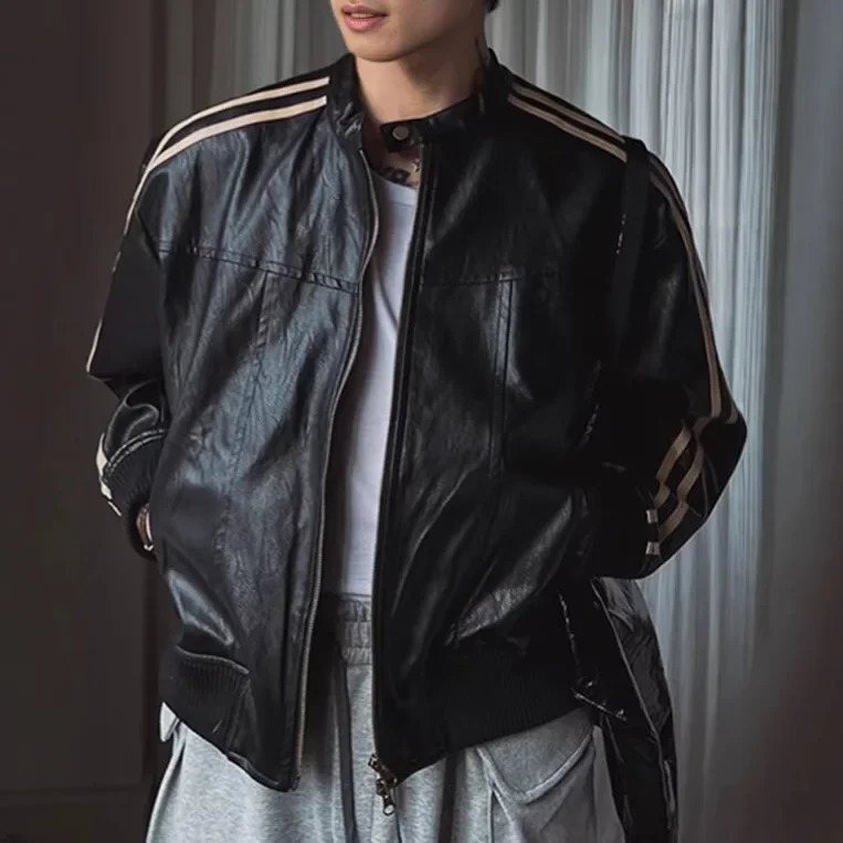 Loose Fit Mens Biker Leather Jacket Stripe Patchwork Stand Collar Casual Outerwear Faade Mixed Material Chinese Production 251029