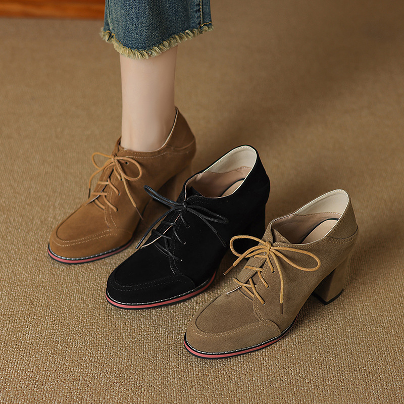 2025 Spring and autumn lace-up round toe thick heel deep mouth shoes versatile and comfortable plus-size women's shoes with heightened super high