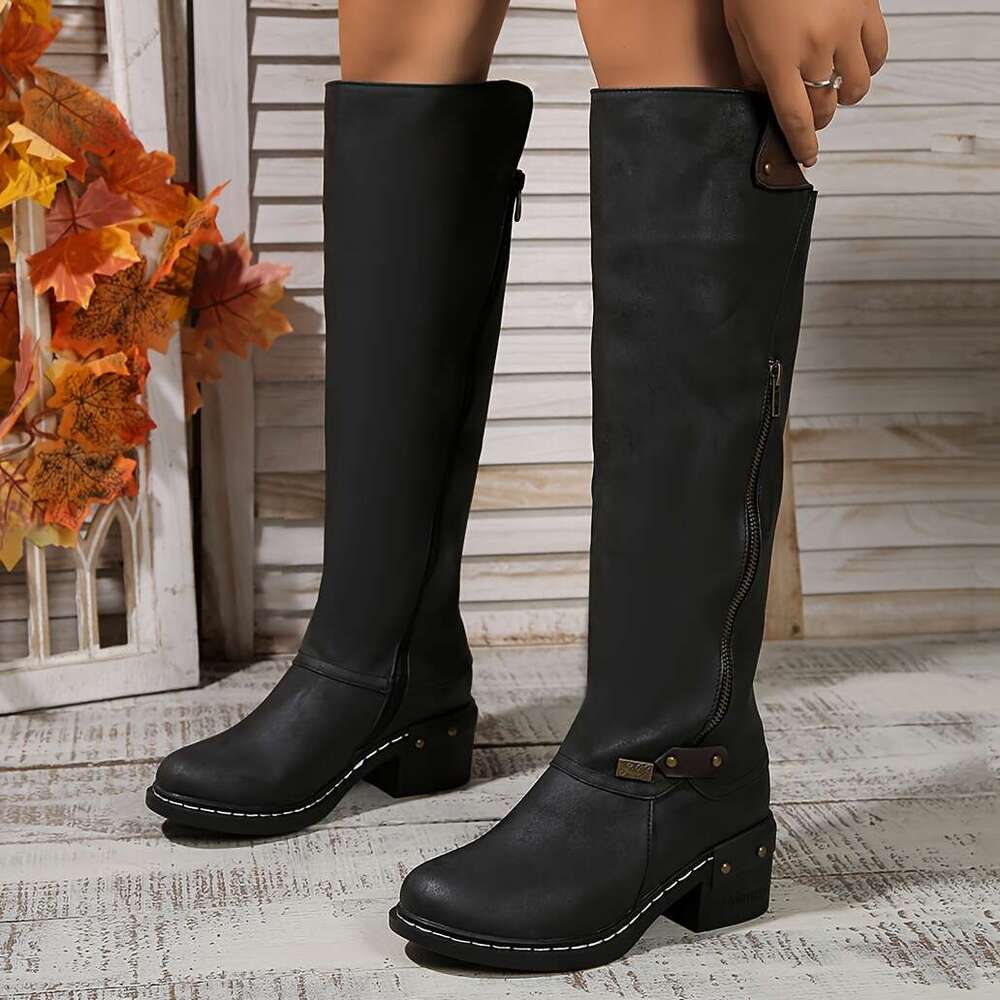 Vintage Style Women's Knee Boots With Side Zipper, Chunky High Heel, Round Toe, Solid Color, Faux Leather, TPR Sole, Casual Fall Collection