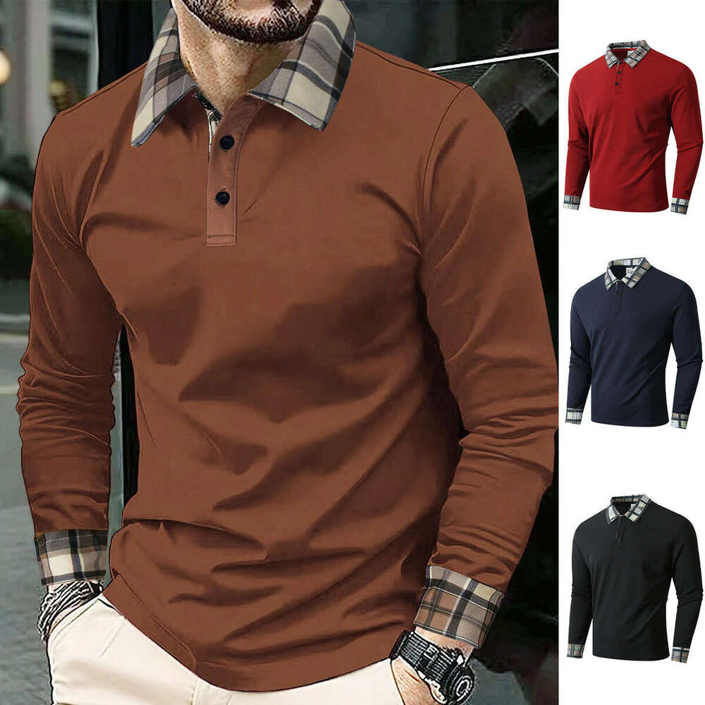 New Men's Autumn Outdoor Fashion Breathable Turn-Down Collar Sports Casual Long Sleeve Plaid Polo Shirt
