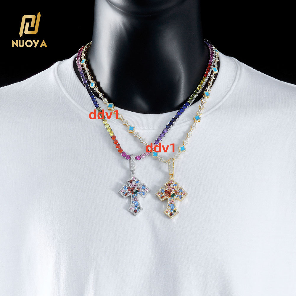 NUOYA New Arrival Multi Color moissanite Rhombic Cross Pendant Silver Iced Out Irregular Diamond Cross Charm Pendant Necklace Gift Designer's sty