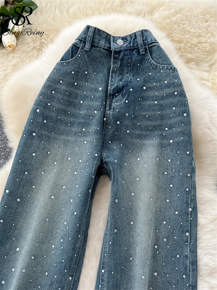 SINGREINY American Retro Diamonds Jeans Female High Waist Pockets Zipper Wide Legs Trousers Streetwear Loose Denim Long Pants 251029