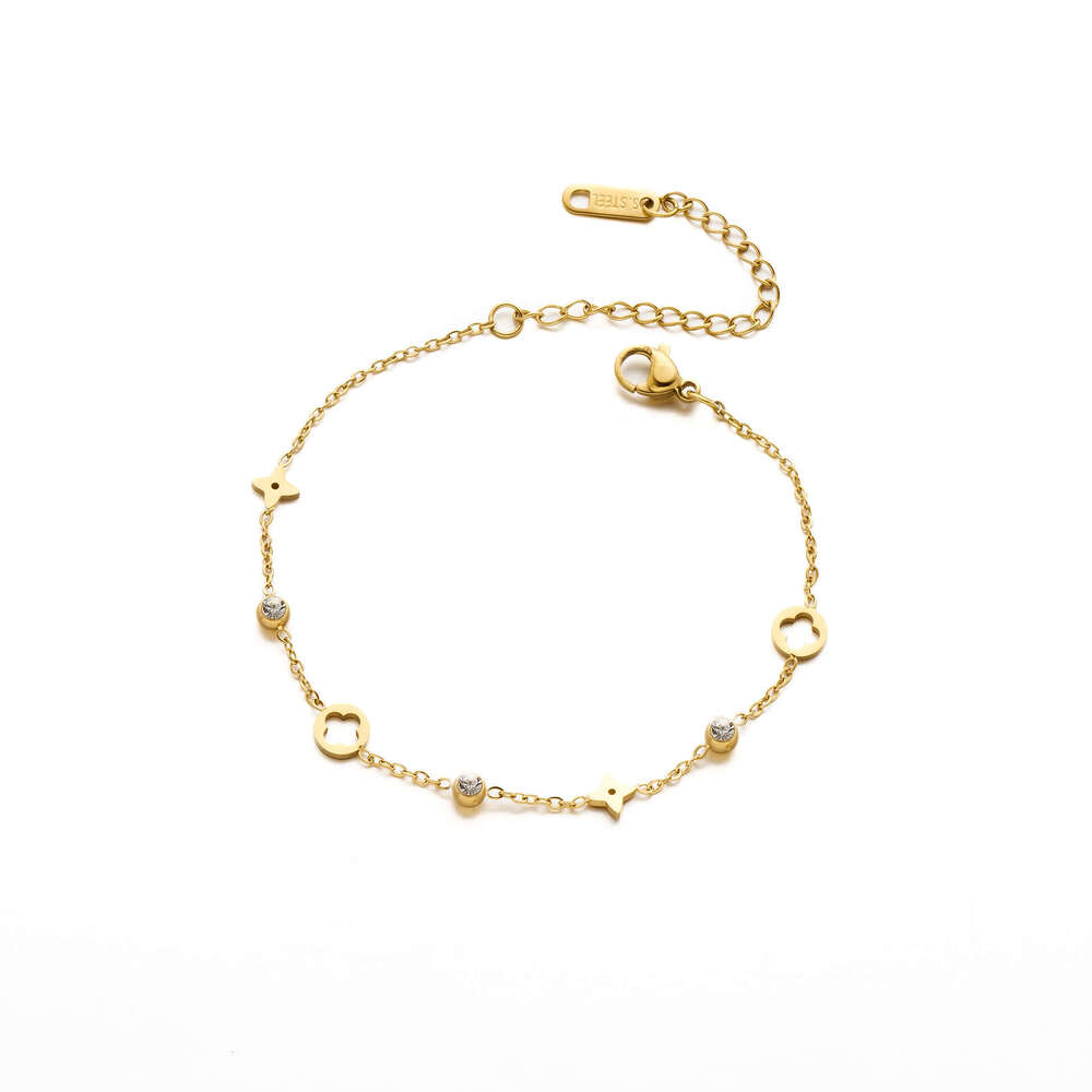 French Style Light Colorful Dia Four-Leaf Titanium Steel Bracelet for Women Exquisite High-End New Elegant Hollow Flower Set