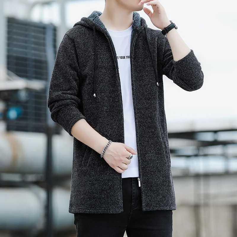 Mens Long Cardigan Thick Fleeced Knit Jackets Solid Color Hooded Sweater Coat Autumn Winter Padded Clothes 251017