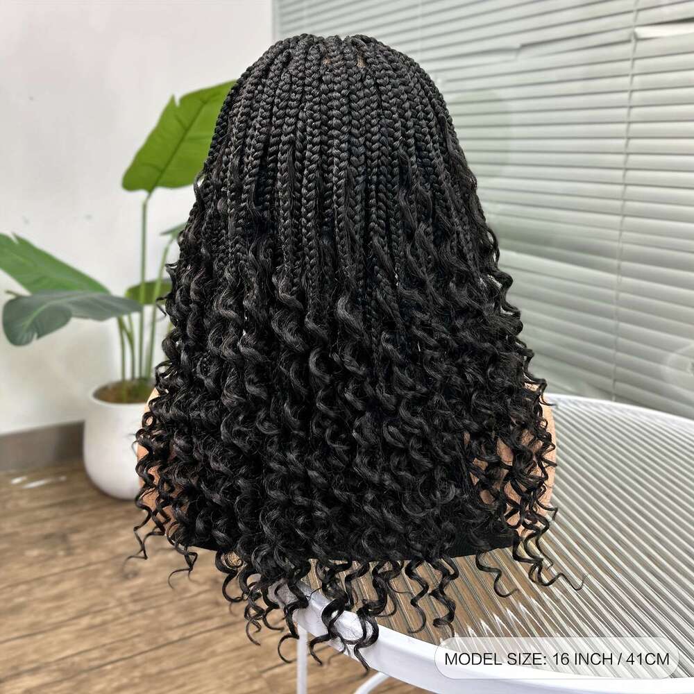 Bohemian Style Woven - Knotless Goddess With Curly Full Square Synthetic Braid Wig Featuring, Suitable For Women, Natural Black Braided Lace Front Wig