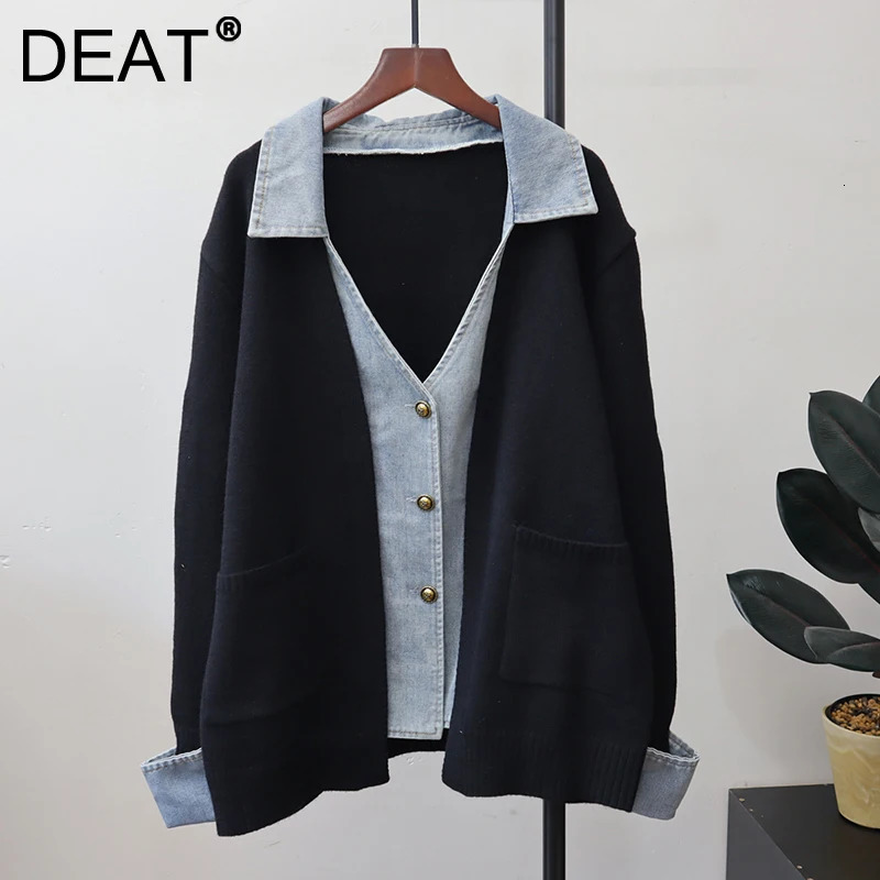 DEAT 2025 Autumn Patchwork Denim Knitted Cardigan For Women Loose Singlebreasted Sweater Coat Female Trendy 11A05629 251029