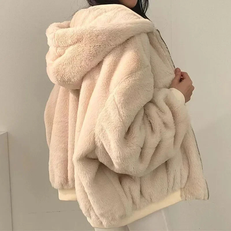2025Winter Thicken Women Jackets Casual Loose Zipper Warm Fleece Hooded Parkas Woen DoubleLayer Simple Plush Coats 251030