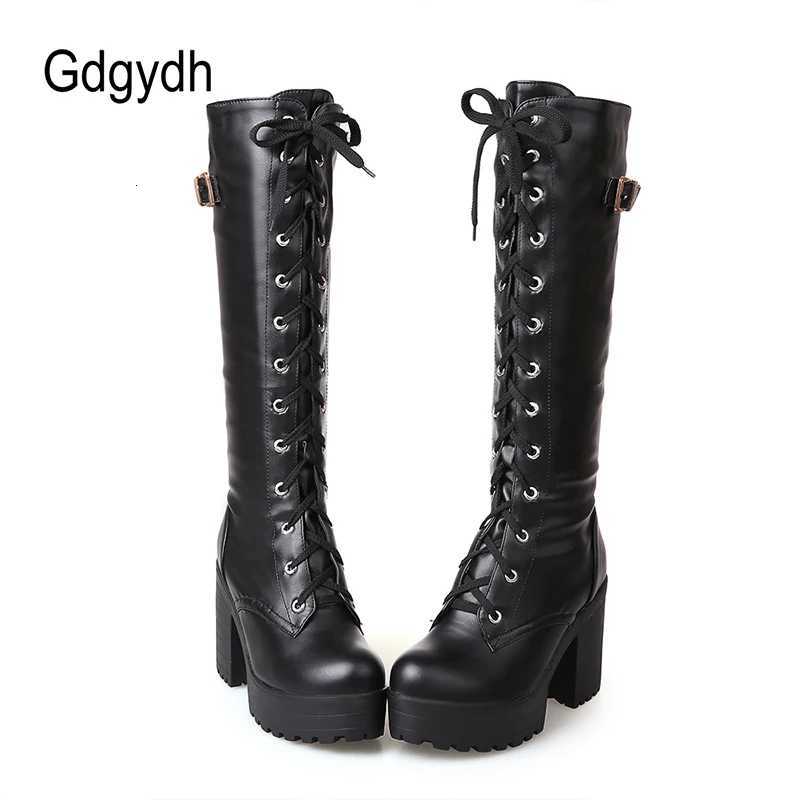 Gdgydh Hot Sale Spring Autumn Lacing Knee High Boots Women Fashion White Square Heel Woman Leather Shoes Winter PU Large Size 43 Z251029
