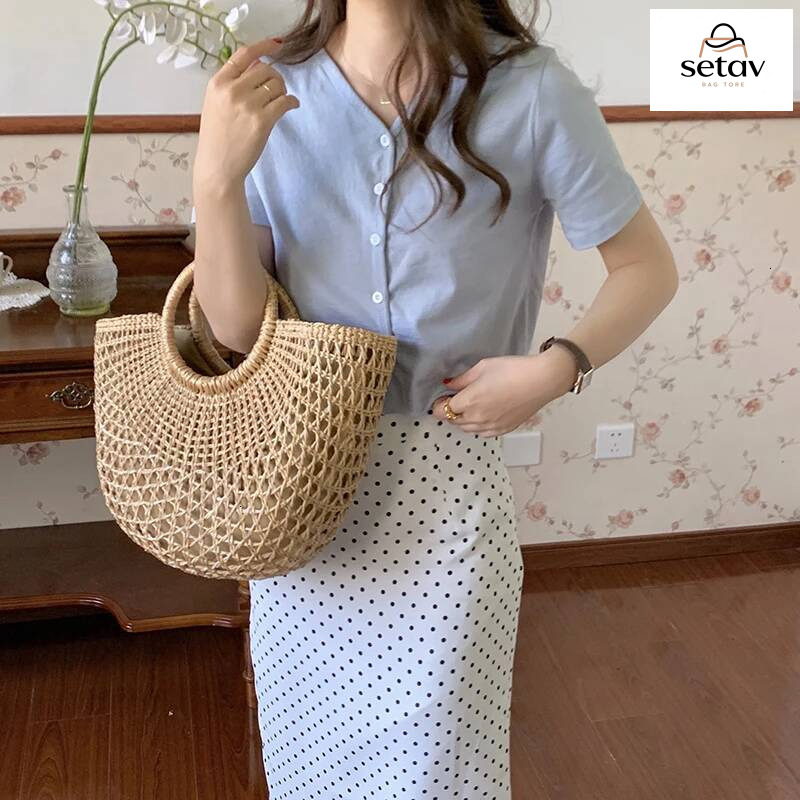 Luxury Handbag Hollow Designer Beach Shoulder Bag High Quality Brand Straw Handbag Women Summer Raffia Woven Travel Basket Tote Bags Handbag