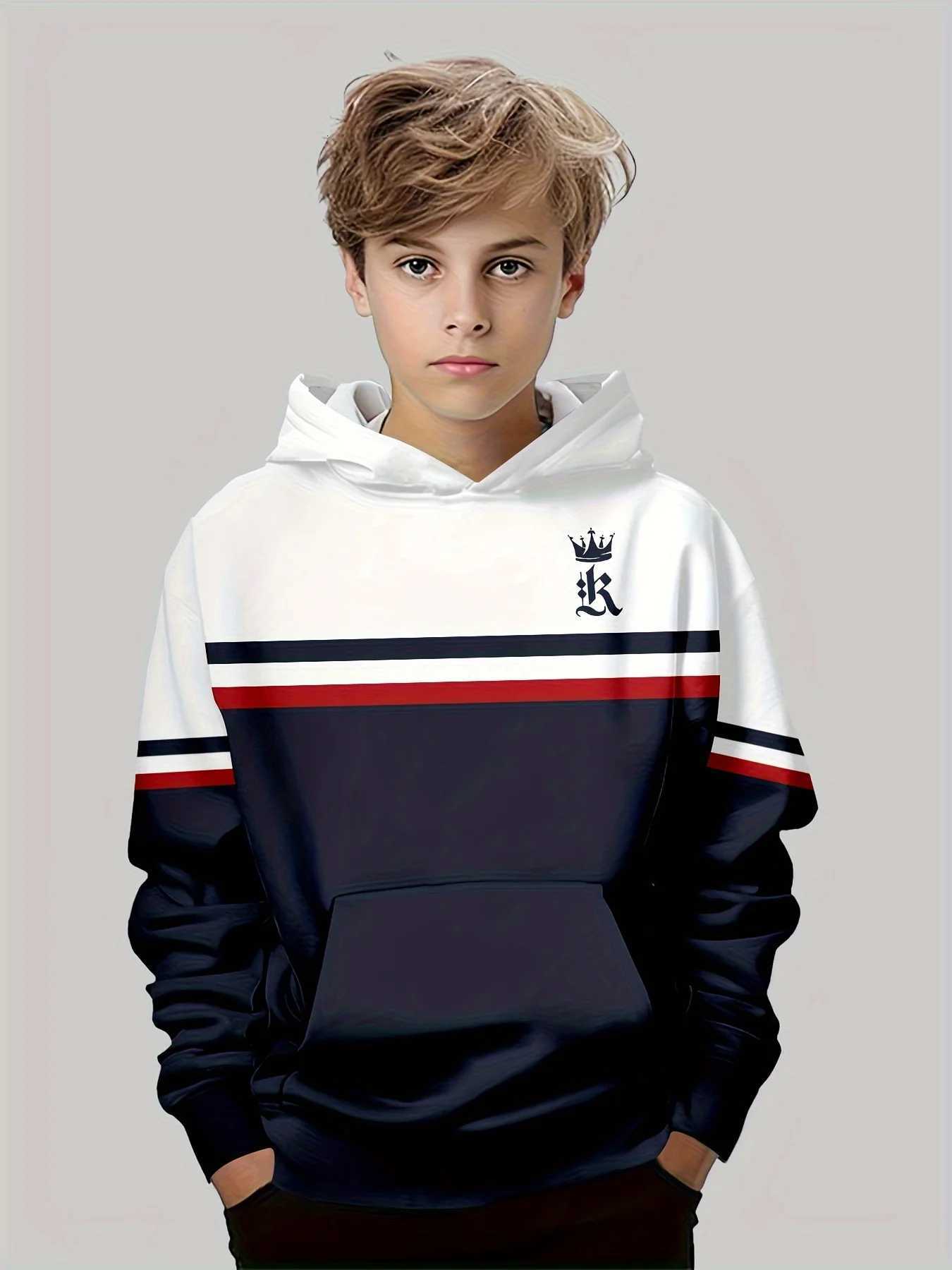 Boys Hoodie Stripe Printed Pullover Long Sleeve Thin Hooded Sweatshirt for Autumn Casual Versatile Classic Color Matching DesignT251030