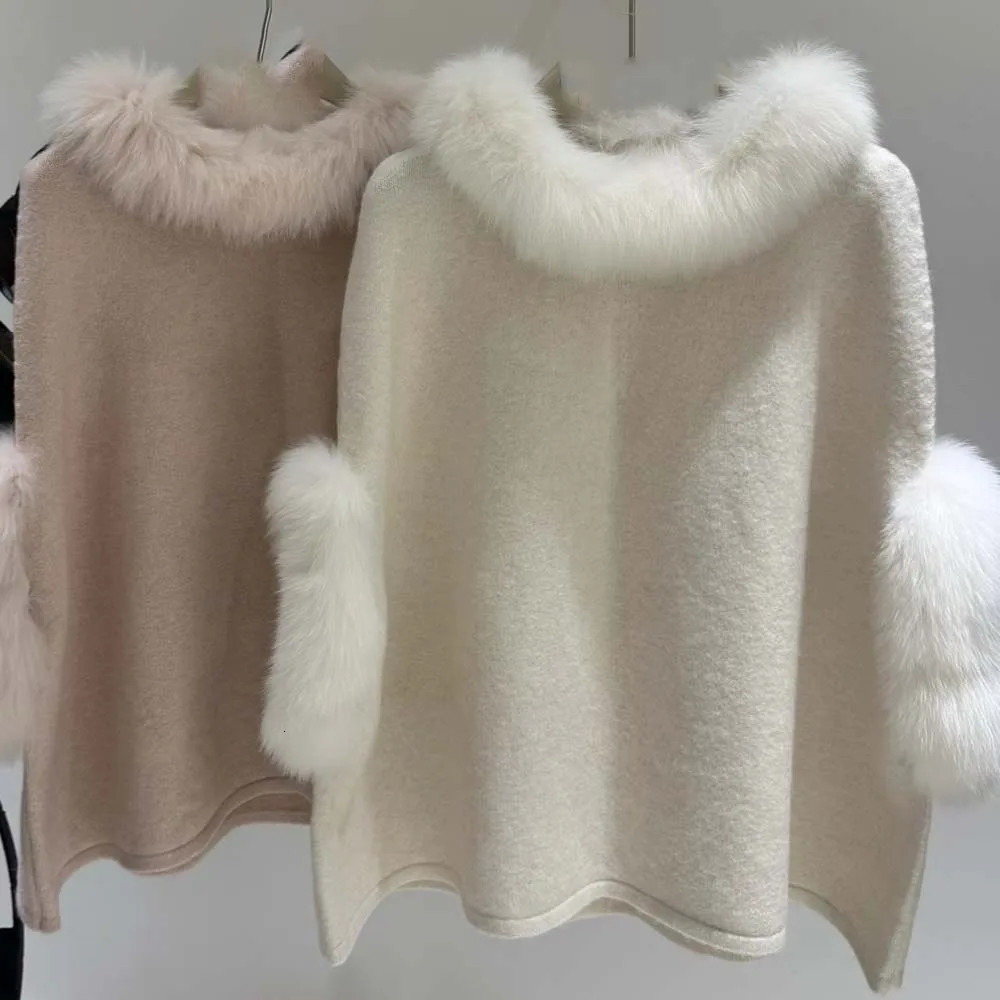 Autumn Women Knitted Poncho With Real Fox Fur Collar Cuff Fashion Casual Genuine Wool Warm Pullover shawl 251029