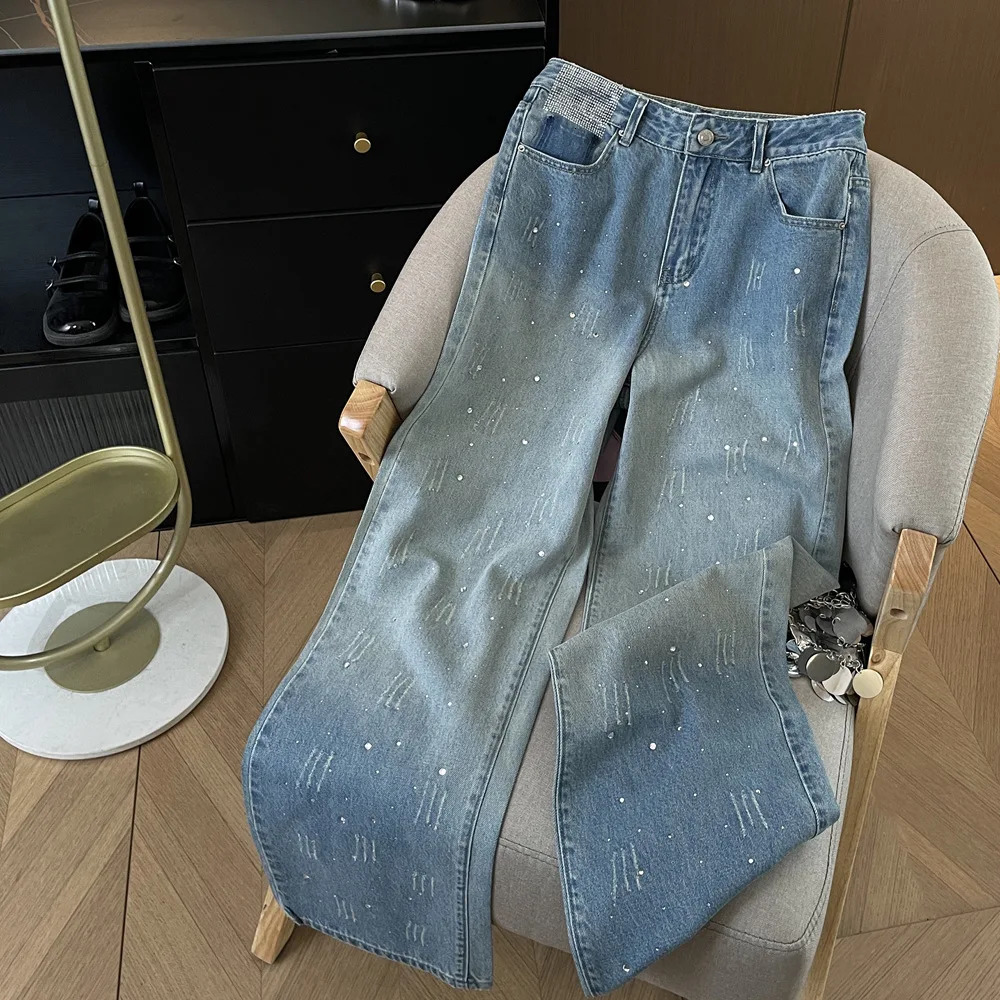 Fashion Women Gradient Blue Diamond Studded Jeans High Waist Straight Leg Denim Pants Spring Autumn Chic Female Trousers 251029