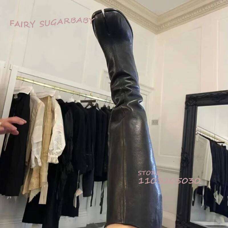 Black Loose Long Tabi Boots Women High Round Heels Zipper Leather Booties Knee Versatile Spring Girls Matte Casual Shoe British