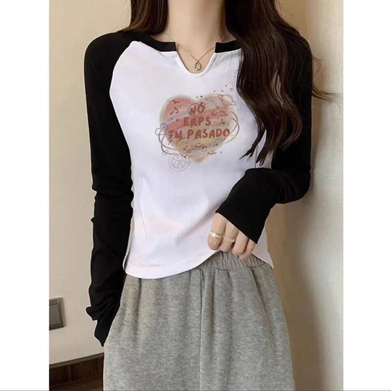2025 Spring & Autumn Colorblock Raglan Sleeve American Retro Innerwear Base Layer T-Shirt Women's Print Slimming Top
