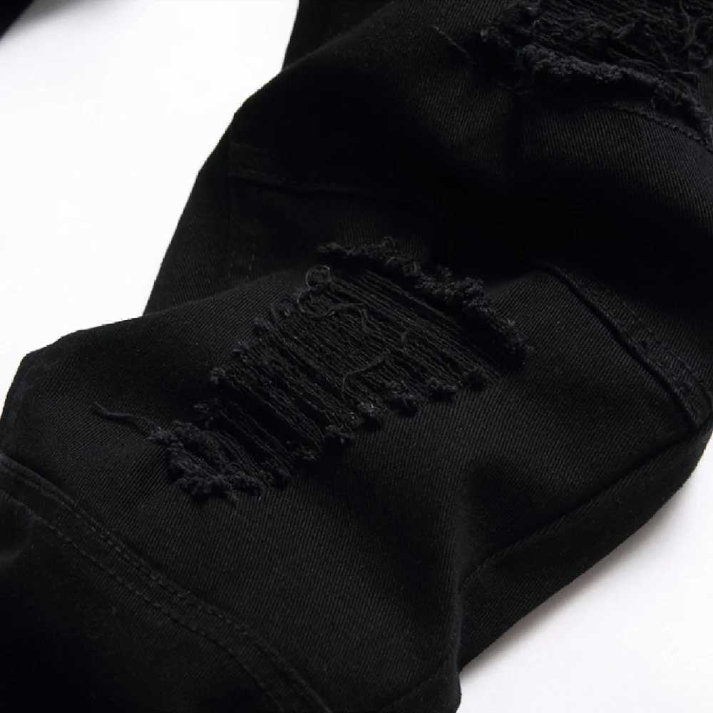 Men Black Stretch Skinny Fit Pencil Jeans Trousers Knee Ripped Distressed Motorcycle Biker Jeans Pants For Mens J251030