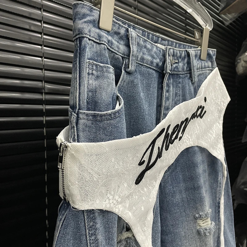 DEAT Vintage Fashion Womens Lace Waist Cover Jeans Niche High Waist Straight Wide Leg Denim Pants Female 11A04036 251029