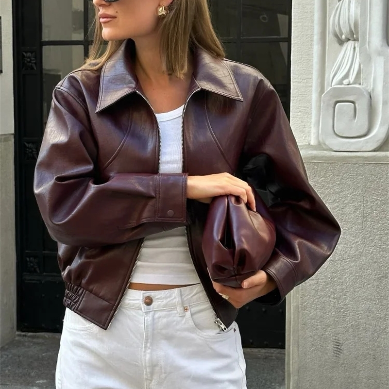 Vintage Wine Red Loose Short Leather Jacket Women Fashion Lapel Long Sleeves Zipper Cropped Coat 2025 Autumn Lady Street Outwear 251029