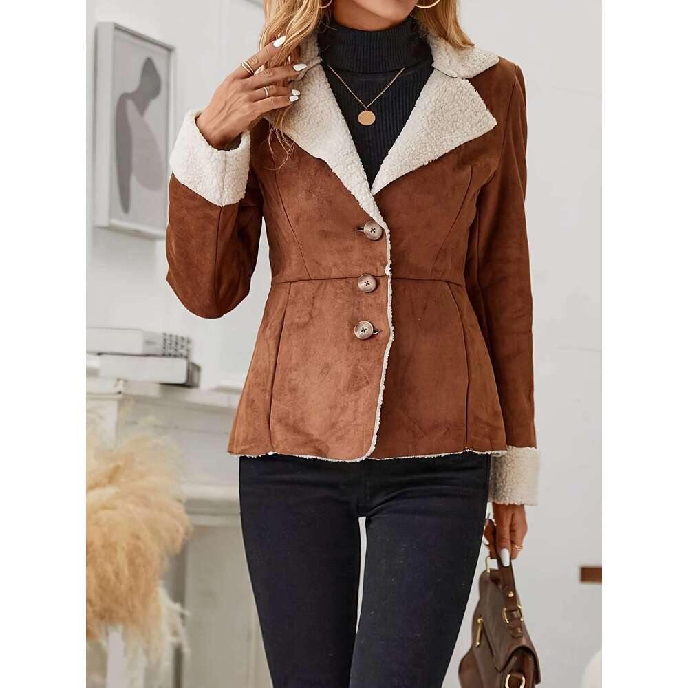 Faux Fur Button Front Thermal Jacket Casual Long Sleeve Lapel Collar Outerwear For Fall Winter Women S Clothing