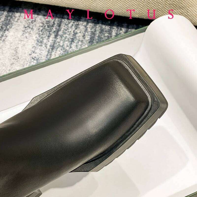 Women Cow Leather Square Toe Fashion Slip On Thick Sole Block Heel Ladies Flat Shoes Winter Ankle Boots