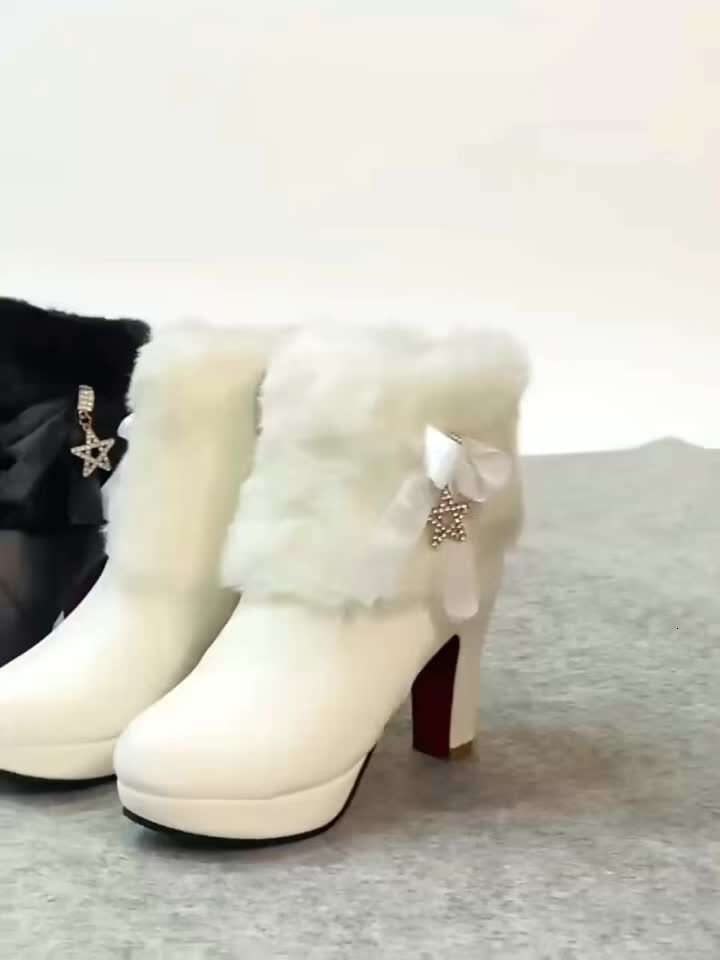 Women's Kawaii /Korean Style Sweet Bow Thick Platform High-Heel - Winter Warm Round Toe Short With Zipper Closure, Faux & Rubber Sole, Pink Ankle