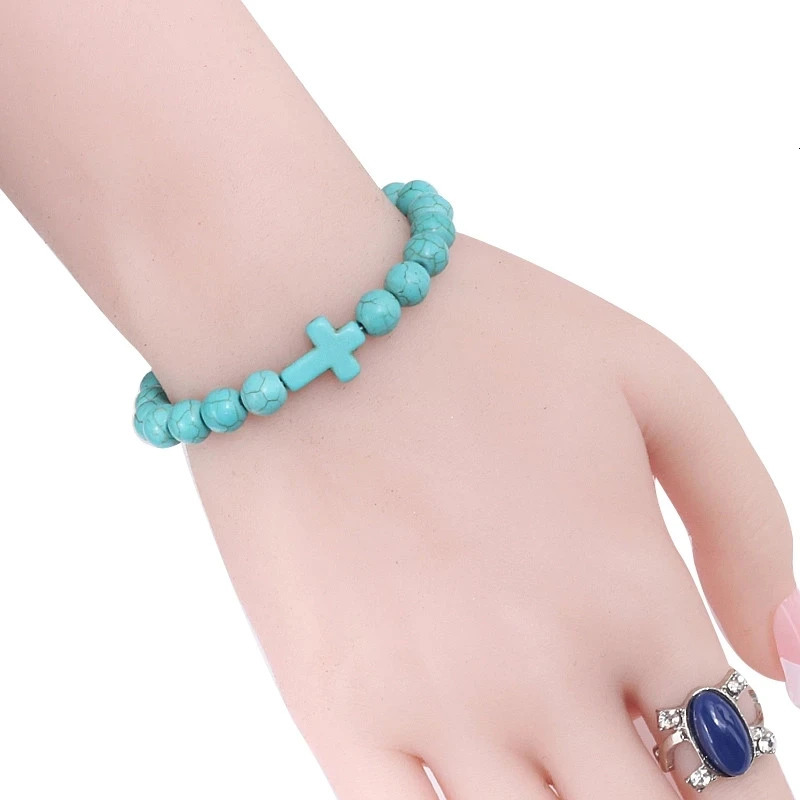 Fashion Jesus Cross Natural Stone Bracelets Charm Blue Pine Stone Black Lava Matte Beaded Bracelets Bangles Women Yoga Jewelry 251028