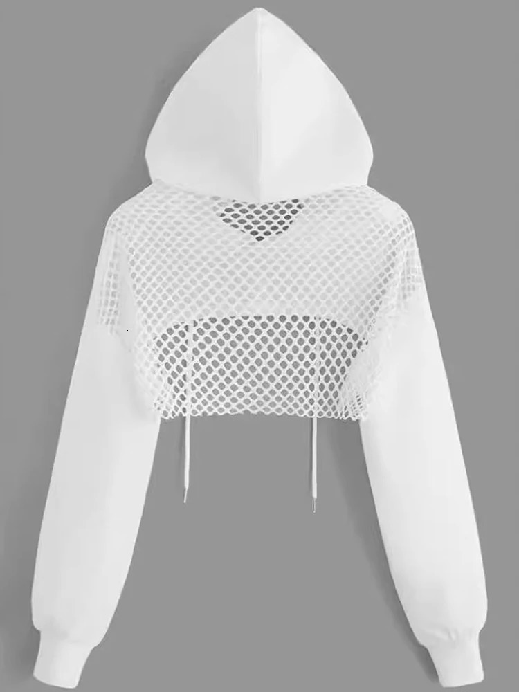 Street Sport Drop Shoulder Drawstring Hollow Out Super Crop Sports Hoodie Without Cami Top 251030
