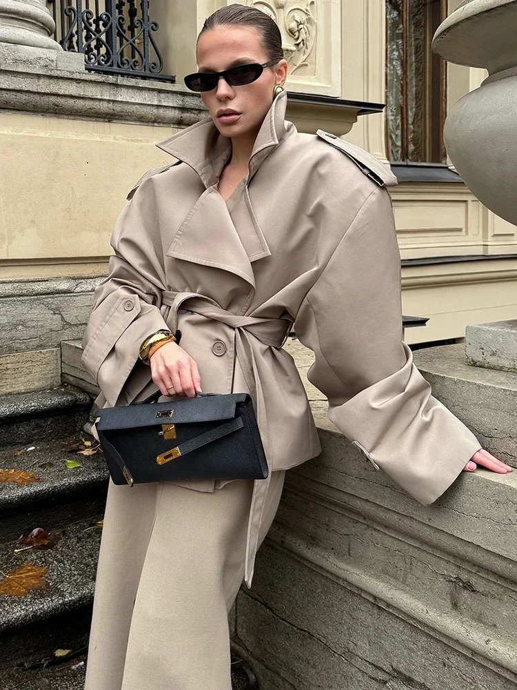 Cropped Laceup Blue Casual Trench Coat Women Lapel Long Sleeve Wide Shoulder Windbreaker Jacket Fall Commute Daily Streetwear 251030