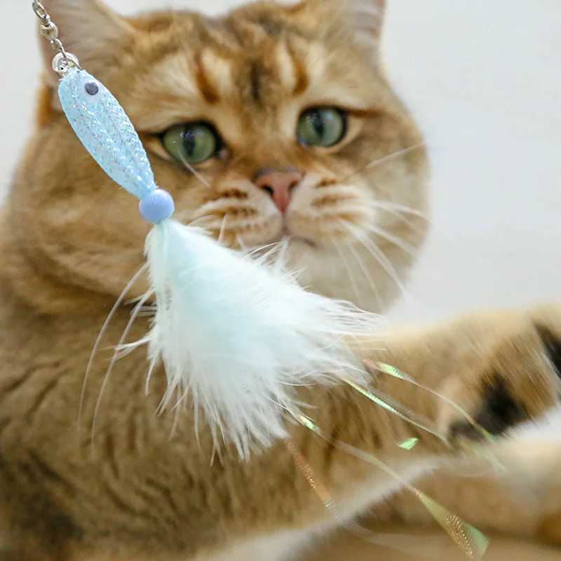 Cat Teaser Wand with Shiny Fish Replacement Head Feather Bell Cat Toy Pet Supplies S251029{category}