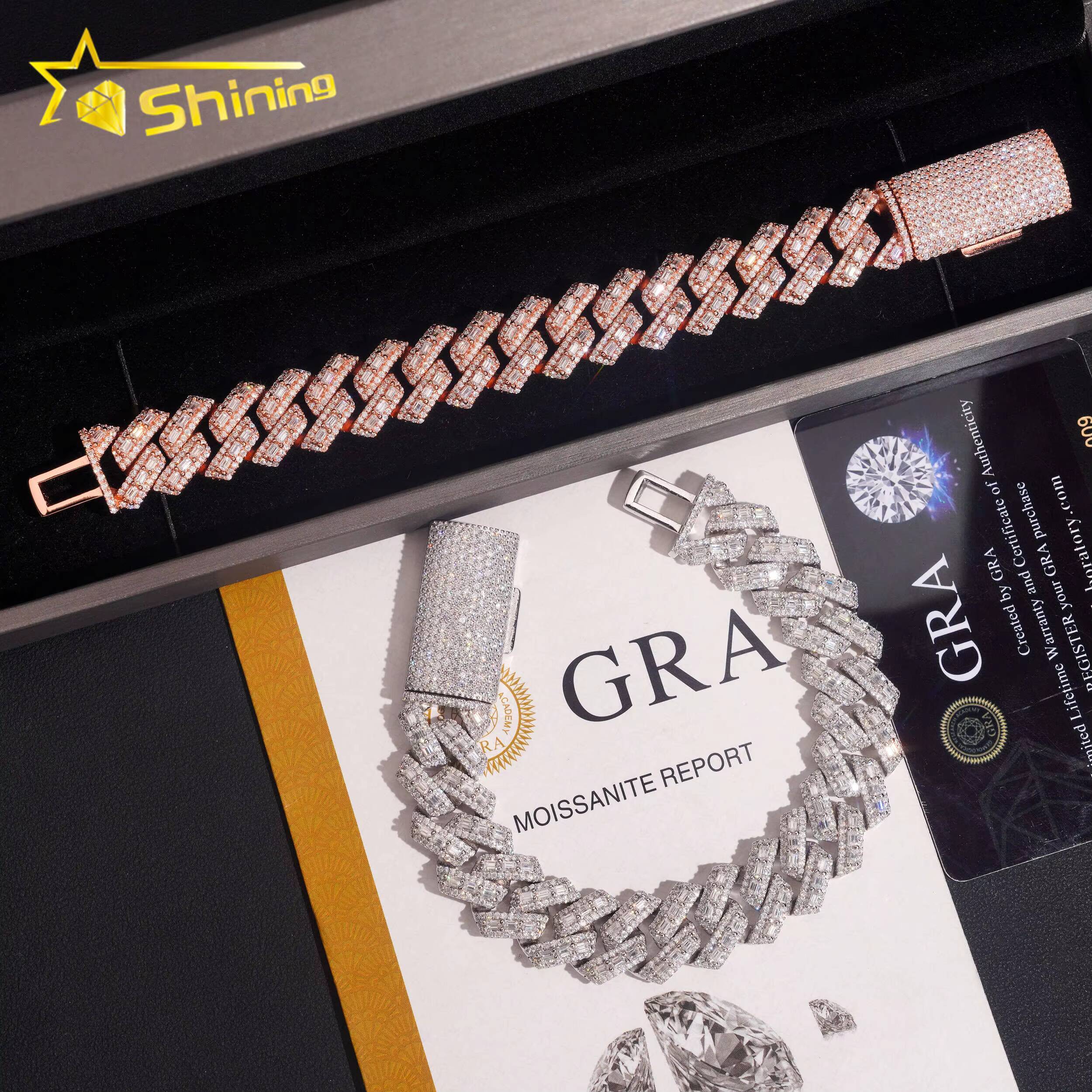 Pass Diamond Tester Baguette Moissnaite 16mm Mens Cuban Bracelet S925 Gold Plated Luxury Cuban Link Chain Hip Hop Jewelry Designer's style