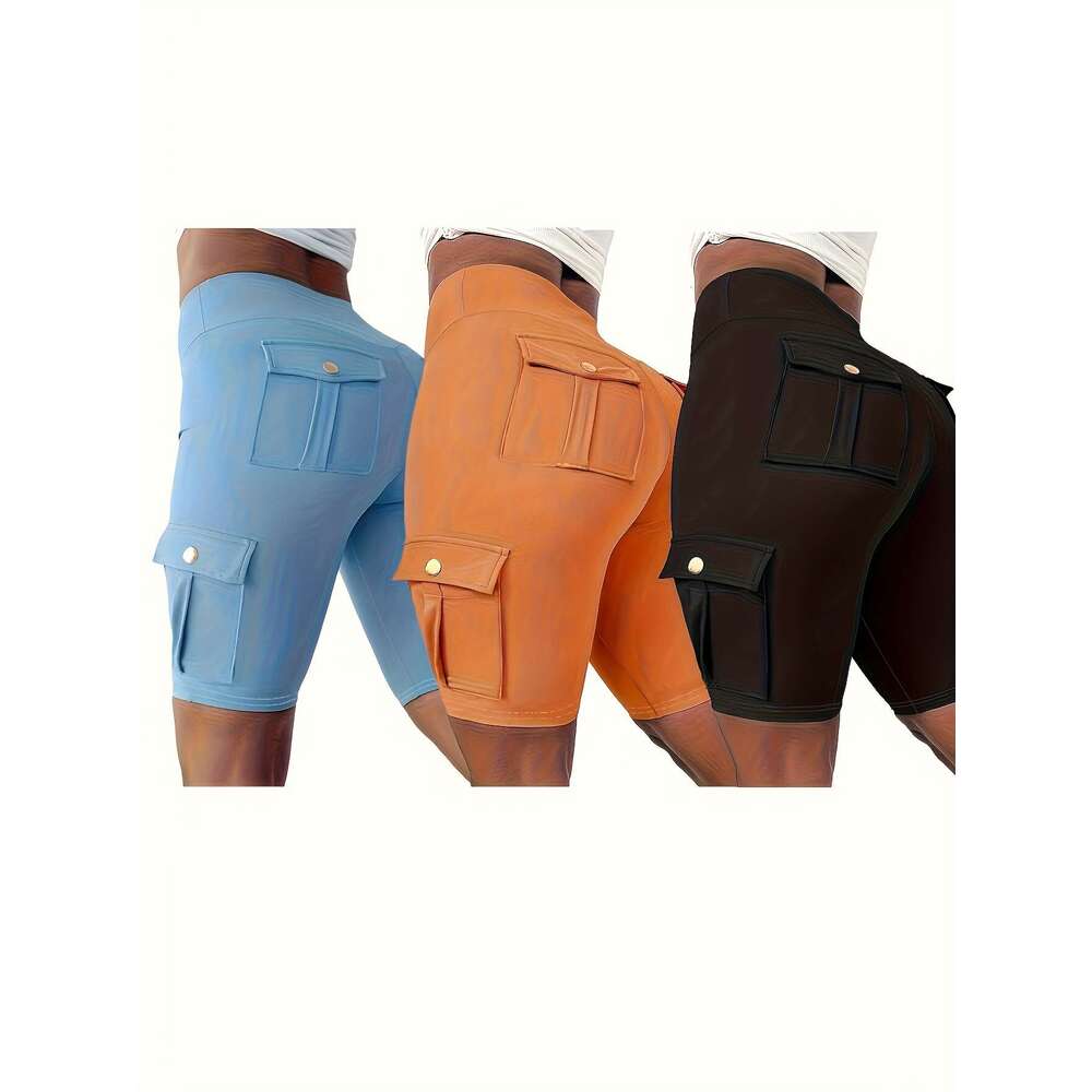 Yoga Shorts Set, 3 Pack, Solid Color, Back Pockets, Quick-dry Fabric, Women's Casual Sports Wear