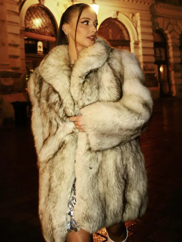 Fashion Faux Fur Warm Thick Long Jackets Women Full Sleeve Pocket Oversize Coat Winter Daily Office Commute High Streetwear 251028