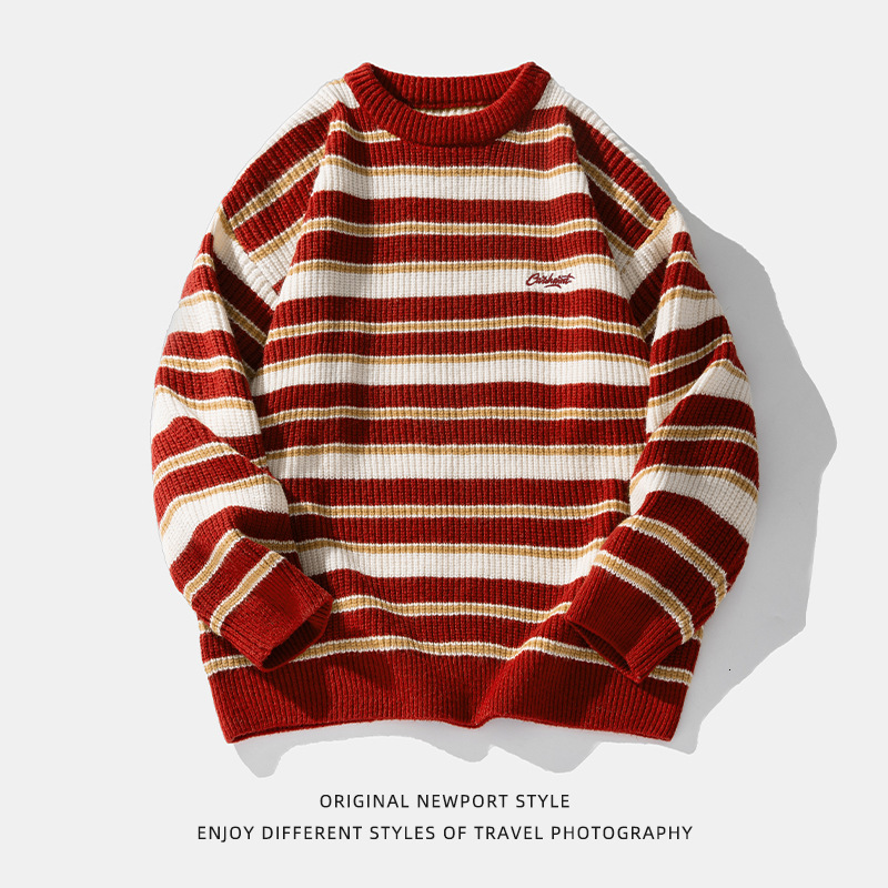 Striped Thick Knit Sweater For Men 2025 Autumn Winter New Designer Sweater Couple Color Block Round Neck Knitwear Jacket