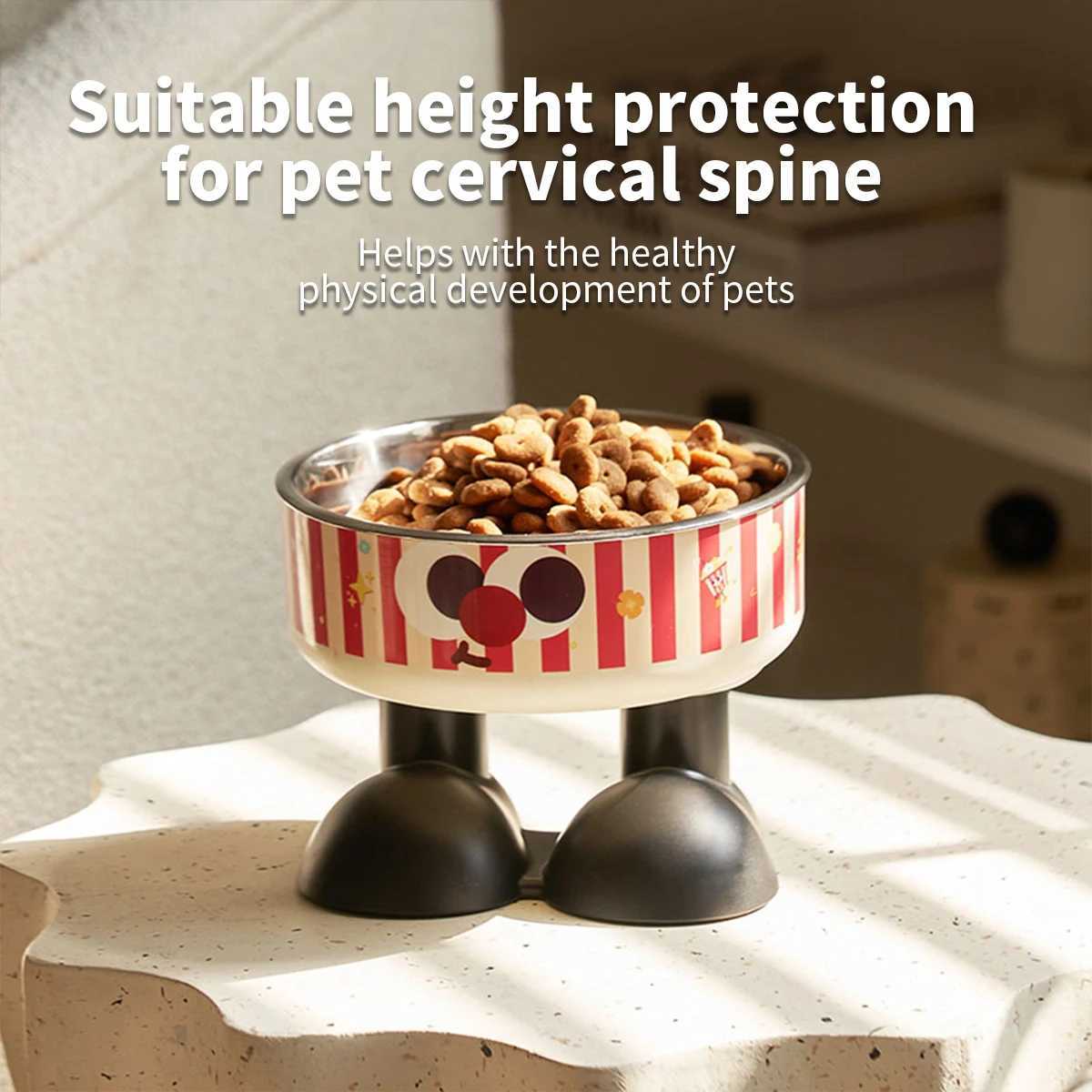 A striped popcorn highfoot pet bowl stylish stainless steel largecapacity dog bowl for feeding and water neckprotecting c J251113