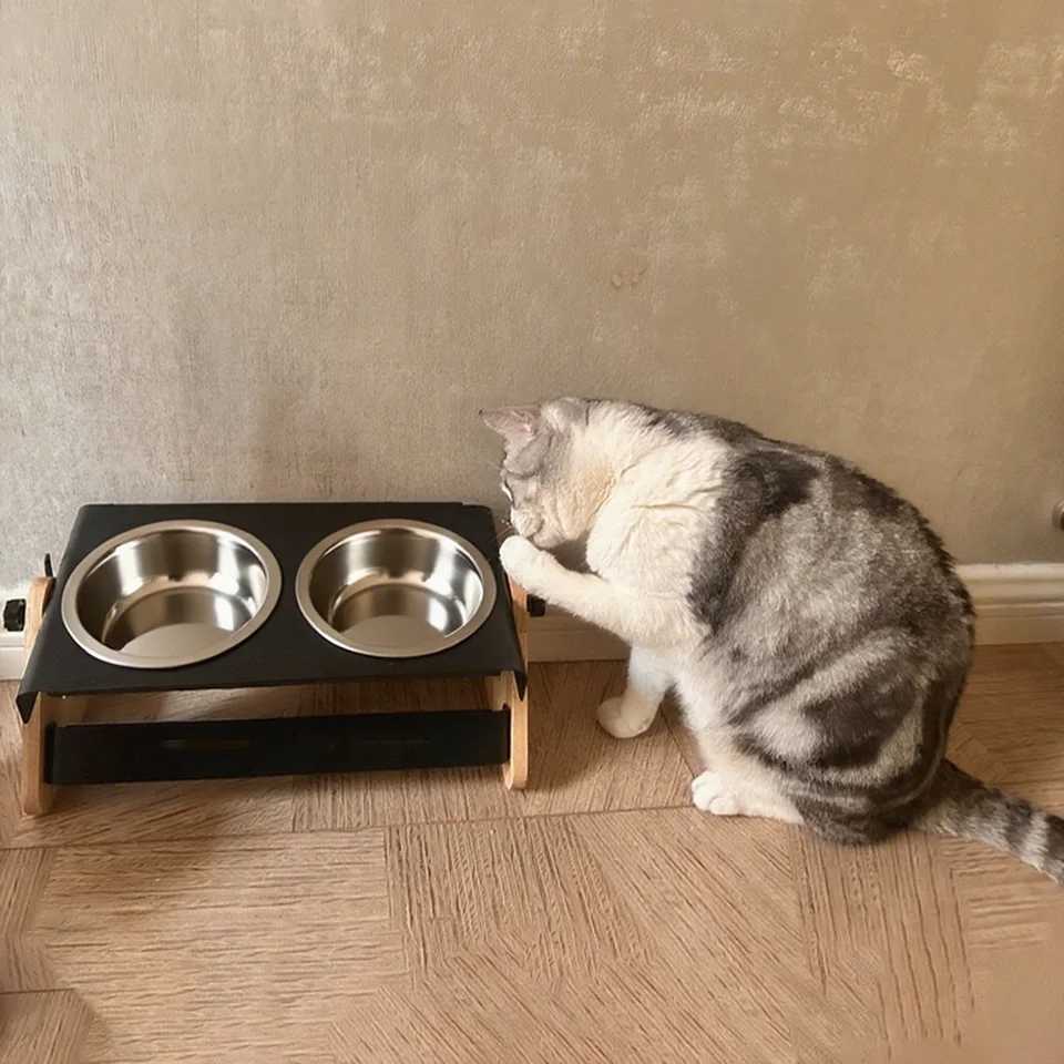 Elevated dog food and water bowl metal stand 2 stainless steel bowls adjustable tilt angle suitable for small dogs and cats J251113
