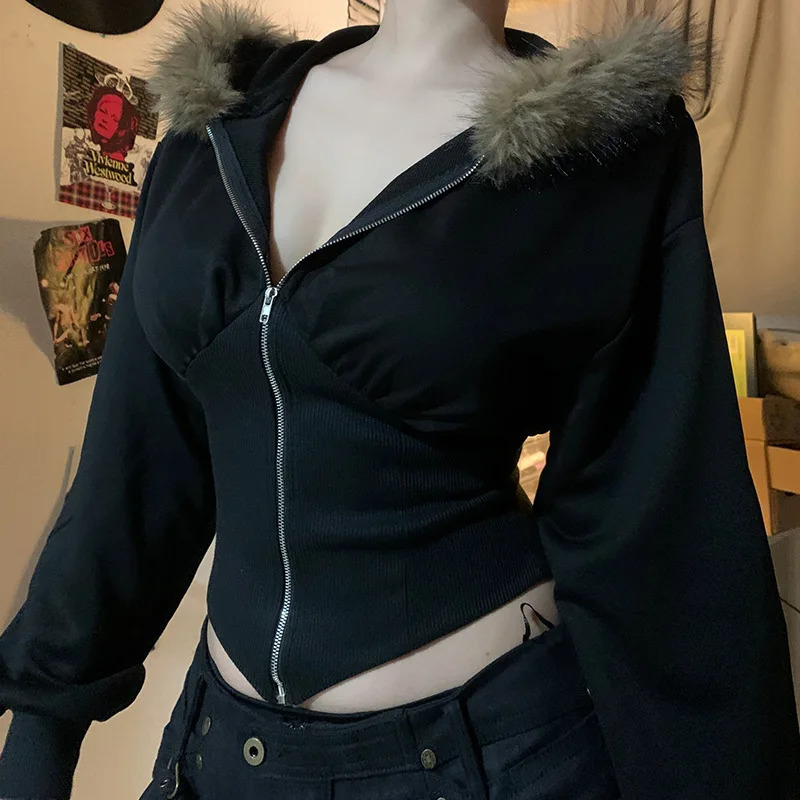Goth Dark Autumn Winter Faux Fur Collar Solid Hooded Coats Women Casual Slim Waist Zip Hoodies Gothic Jackets Chic Streetwear 251030