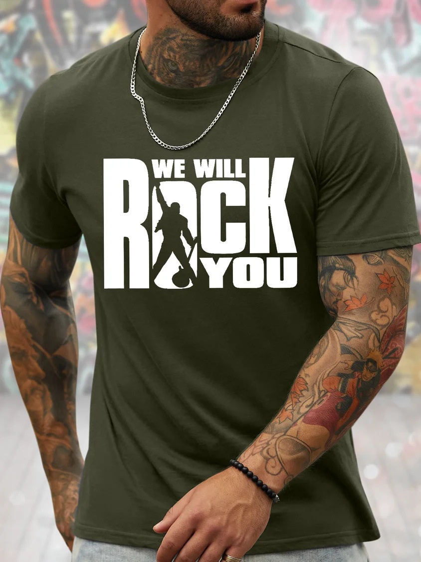 European & American Oversized Men's Rock-Inspired Graphic Print Loose-Fit Casual Cotton Letter T-Shirt - TT7380