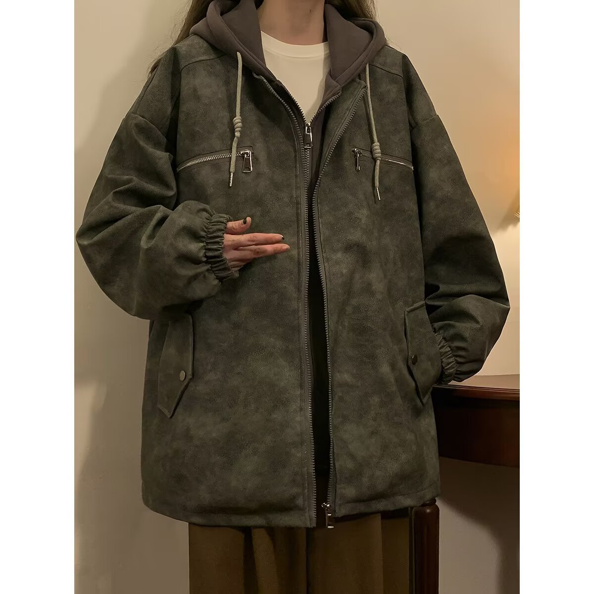 Fake Two-piece PU Leather Designer Jacket Jacket For Men And Women Spring And Autumn New Trendy Loose Fit Stylish Workwear Jacket