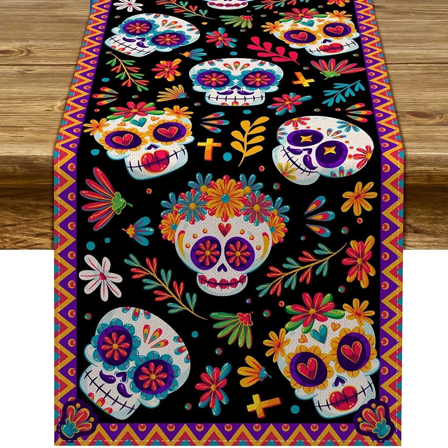 1Set Halloween Decoration Table Runner Tablecloth Mexican Day of The Dead Skull Ghost Table Runner Halloween Table Accessories C251030